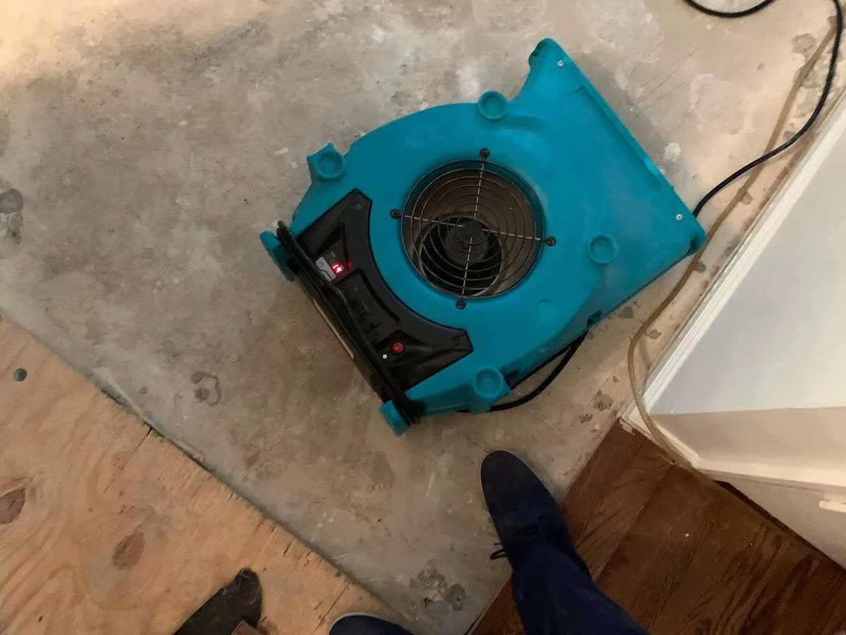 Air mover drying subfloor during Commercial Water Damage Restoration in Creston